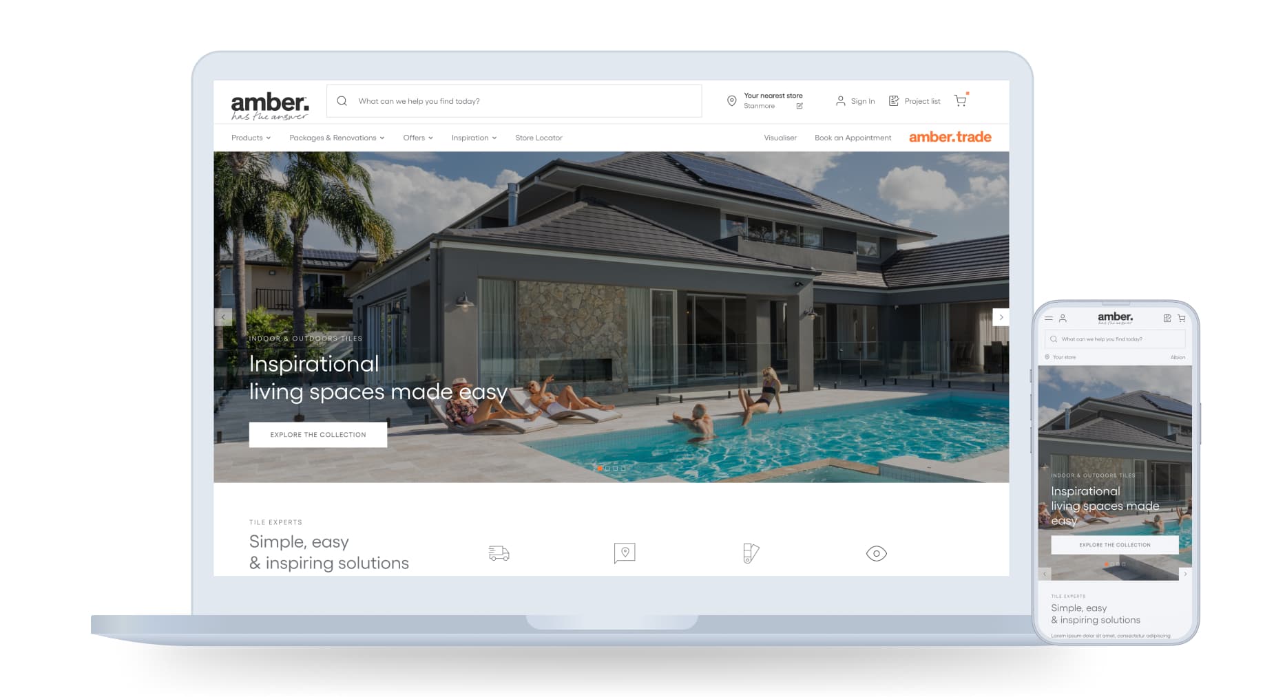 Amber Tiles responsive ecommerce experience on laptop and mobile